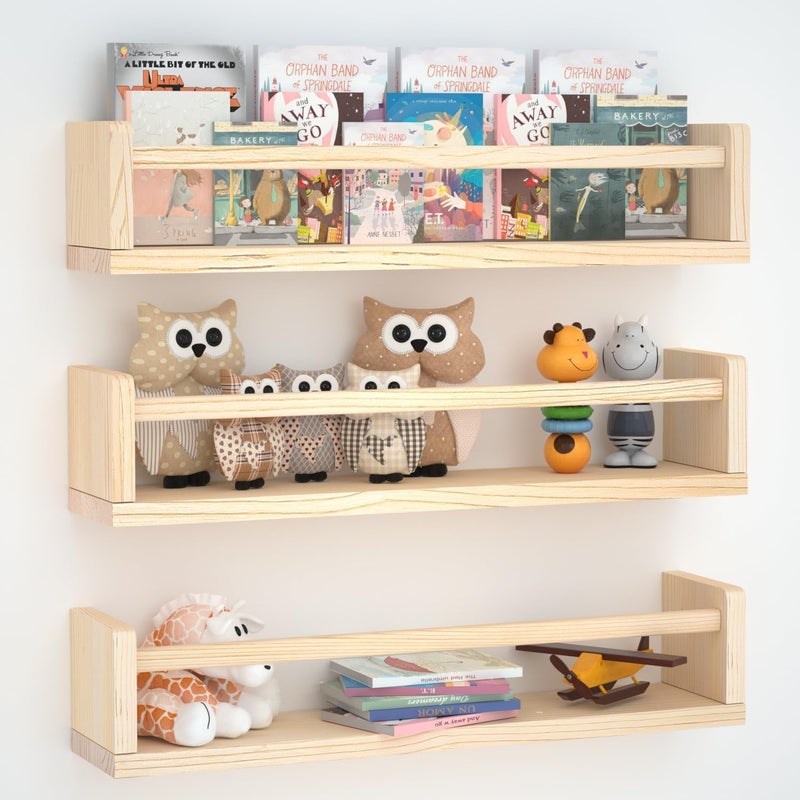 AB SALES Nursery Floating Shelves Wood Nursery Book Shelves for Wall 40 cms Solid Wood WallMounted Shelves for Kids Books Toys Dcor Easy Installation 40 cm 3 Pcs - Image 1