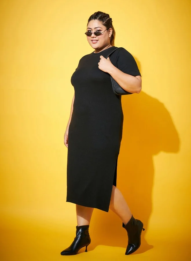 SASSAFRAS Curve Plus Size Black Sheath Midi Dress for Women