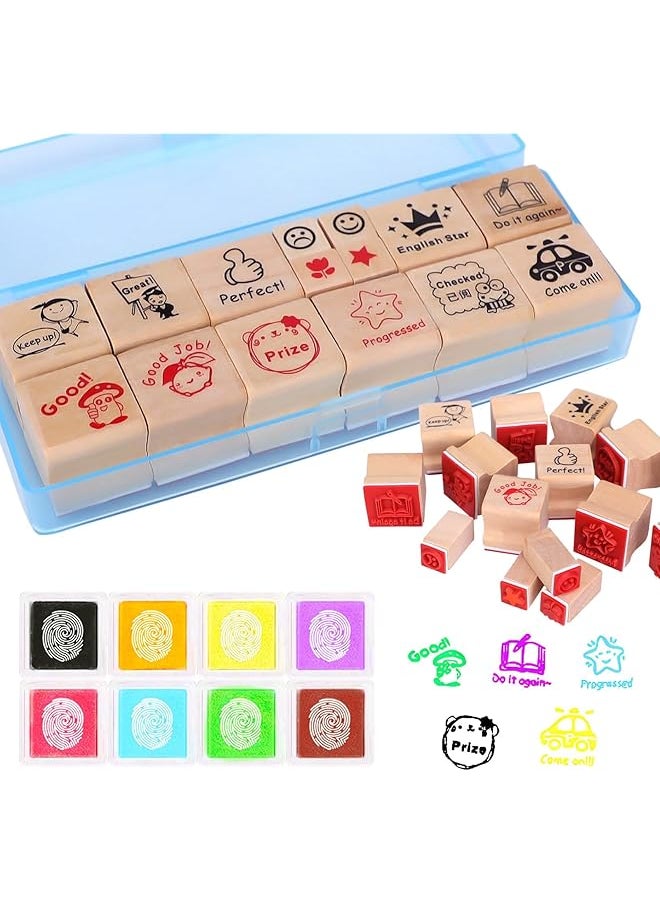 erorex 15 Pcs Teacher Stamps With Ink Pads Colorful Supplies Stamps For Marking Grading Wooden Rubber Stamp Set Teacher Supplies For School Student Homework School Elementary  - Image 1
