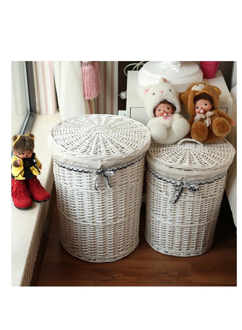  CityRiya-Long 2 حزمة سلة الغسيل الروطان الملابس المنزلية القذرة تعرقل سلة تخزين مستديرة من الخوص مع بطانة وغطاء (A-أبيض) - Image 1