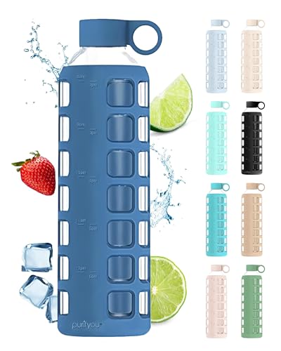 purifyou Premium 4032  2212 oz Glass Water Bottles with Times to Drink and Volume Silicone Sleeve  Stainless Steel Lid Insert Reusable for Fridge Water Fruit Juice 32oz Chinese Porcelain