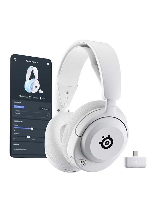 ستيل سيريز سماعة ألعاب لاسلكية Arctis Nova 5P، محركات نيوديميوم 40 مم، ميكروفون ClearCast Gen 2.X (إلغاء الضوضاء ثنائي الاتجاه)، ذراع قابل للسحب، صوت مكاني 360° (PC و PS5)، تبديل سريع لاسلكي وبلوتوث، RGB، 50 ساعة لاسلكي 2.4GHz / 60 ساعة بلوتوث، أبيض | 61674 - Image 5