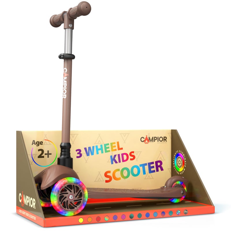 Campior Brown Mini 3 Wheel Scooter for Kids â€“ Lean-to-Steer with LED Light-Up Wheels, Adjustable Handlebar, Wide Anti-Slip Deck, Smooth PU Wheels, Rear Foot Brake â€“ Toddler Scooter for Ages 2+ - Image 1