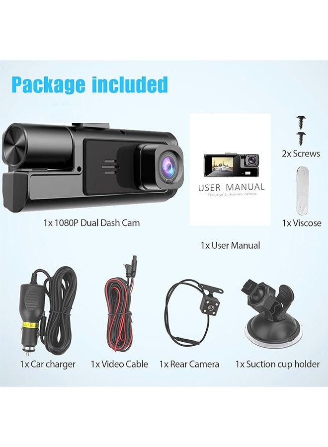 Linjie Dash Cam,Dash Cam Front And Rear Inside 3 Channel Dashcam For Cars,Loop Recording、G-Sensor、24 Hours Parking Monitor、3-Inch Lcd Display Screen, 150° Wide-Angle、Wdr、Night Vision - Image 2