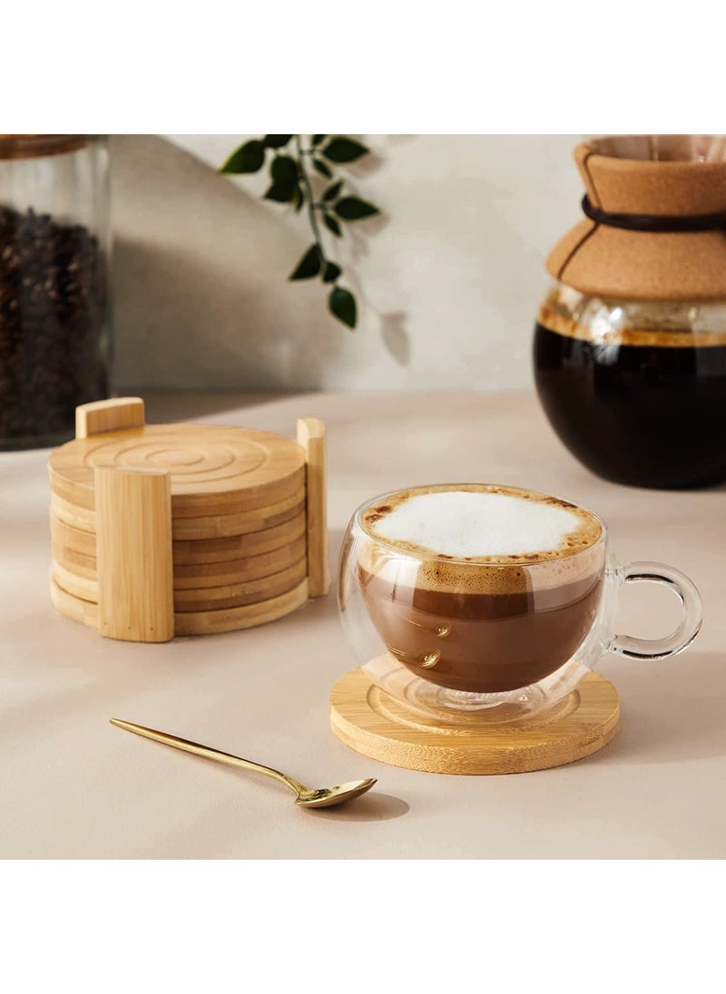 NFI essentials NFI essentials Wooden Coasters for Drinks, Set of 6 Round Wooden Table Coaster with Holder, Non-Slip Heat Insulation Pad Coaster Set for Drinking Tea Cups, Coffee Mugs and Glasses, Heat Resistant  - Image 1