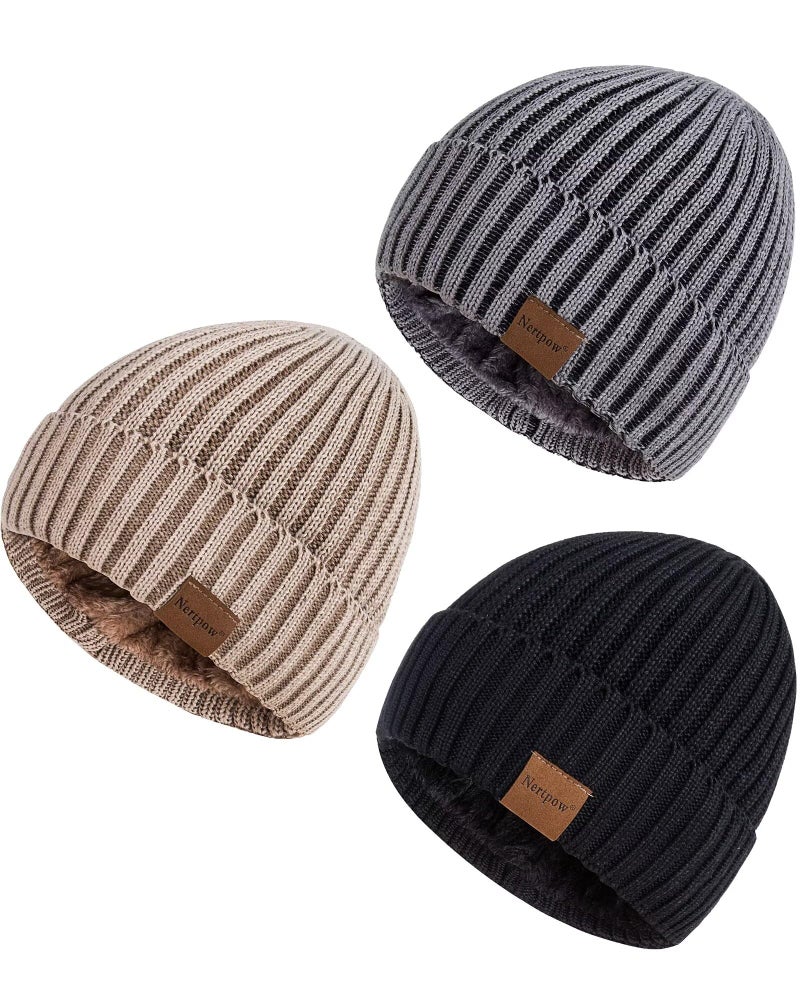 Nertpow Mens Beanie Hats 3 Pack, Winter Hats for Men Women Warm Thermal Fleece Lined, Thick Knit Fashion Skull Cap Cuffed Beanie for Guys (Color-01) - Image 1