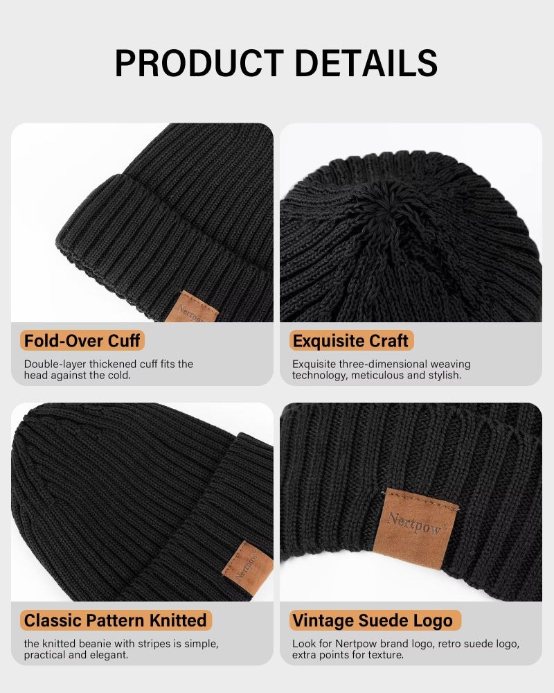 Nertpow Mens Beanie Hats 3 Pack, Winter Hats for Men Women Warm Thermal Fleece Lined, Thick Knit Fashion Skull Cap Cuffed Beanie for Guys (Color-01) - Image 4