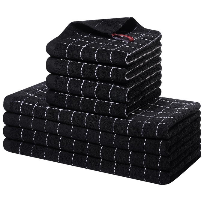 KITCHEN TOWELS AND DISHCLOTHS SET 12 X 12 AND 13 X 28 INCHES SET OF 8 BULK COTTON TERRY KITCHEN TOWELS SET CHECKERED DESIGNED SOFT AND SUPER ABSORBENT DISH CLOTHS BLACK