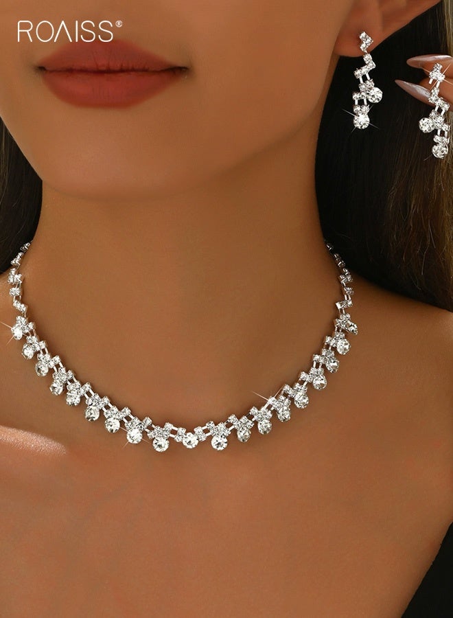 رويس طقم مجوهرات زفاف مكون من قطعتين، قلادات وأقراط مرصعة بأحجار الراين الفضية، مجوهرات أنيقة لحفلات التخرج للنساء والعرائس - Image 1