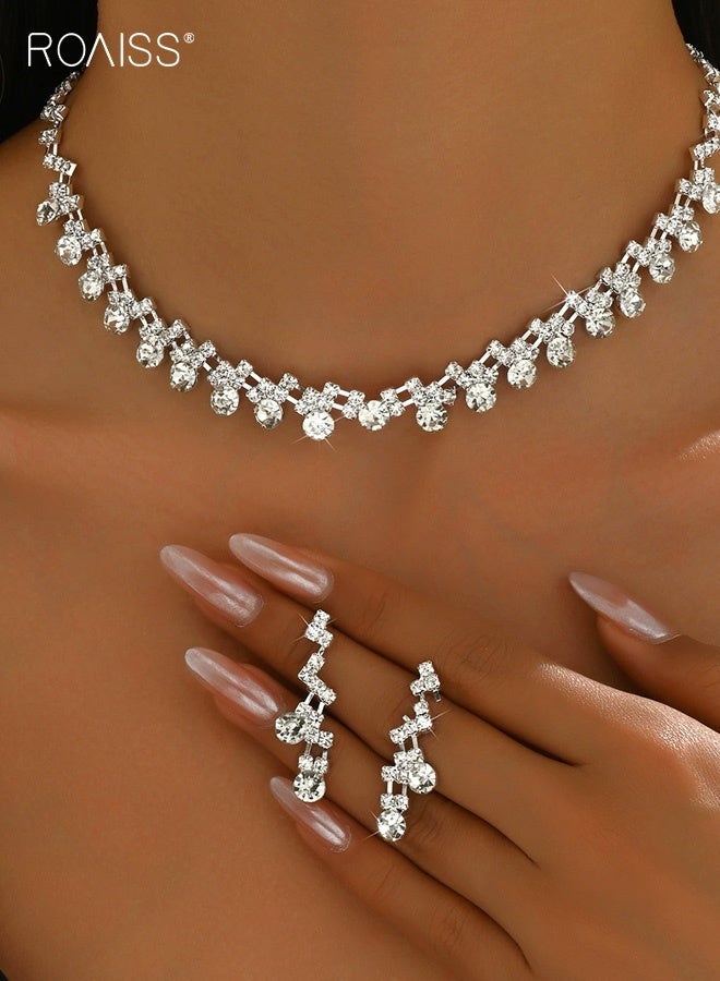 رويس طقم مجوهرات زفاف مكون من قطعتين، قلادات وأقراط مرصعة بأحجار الراين الفضية، مجوهرات أنيقة لحفلات التخرج للنساء والعرائس - Image 2