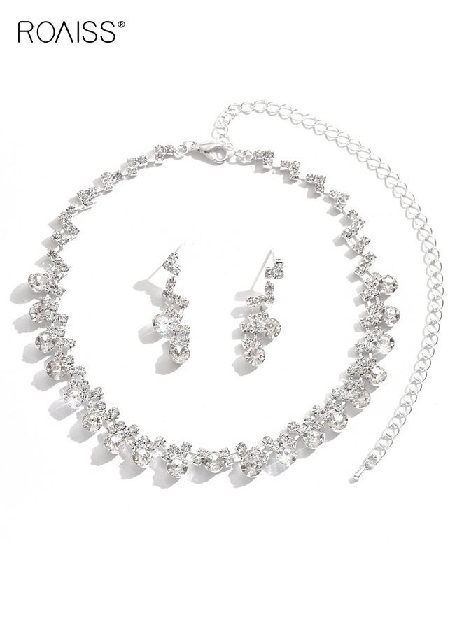 رويس طقم مجوهرات زفاف مكون من قطعتين، قلادات وأقراط مرصعة بأحجار الراين الفضية، مجوهرات أنيقة لحفلات التخرج للنساء والعرائس - Image 5