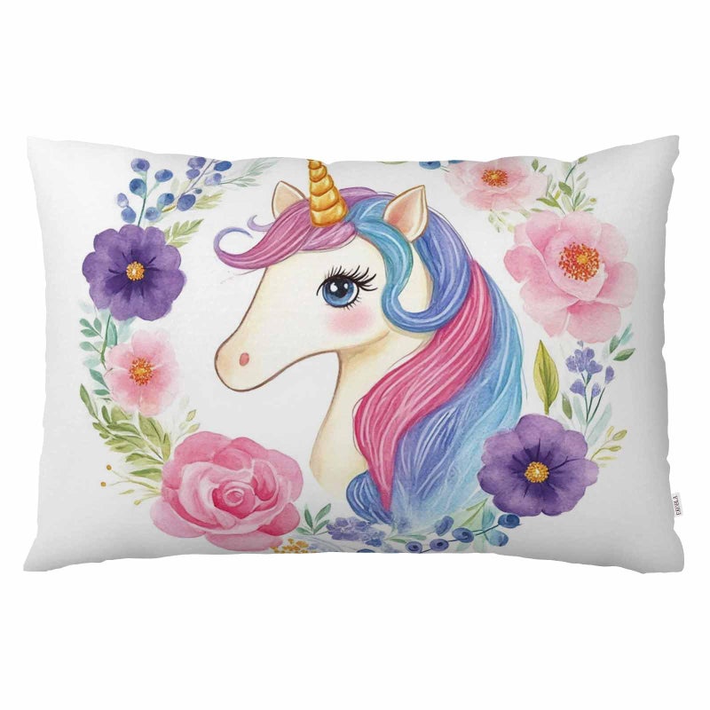 EKOBLA Throw Pillow Cover Animal Cute Unicorn Pink Purple Blue Wavy Hair in Garland Spring Flowers Leaf Decor Lumbar Pillow Case Cushion for Sofa Couch Bed Standard Queen Size 20x30 Inch