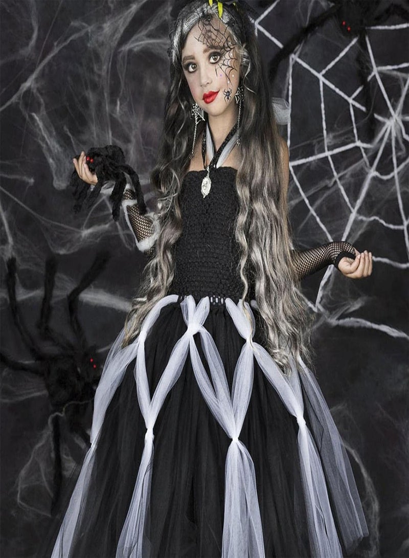 GGOOT Halloween Girls Costumes,Witch Dress Wizard Costume Party Mesh Tutu Skirt and Gloves - Halloween Masquerade Wizard Fancy Dress for Kids - Image 3