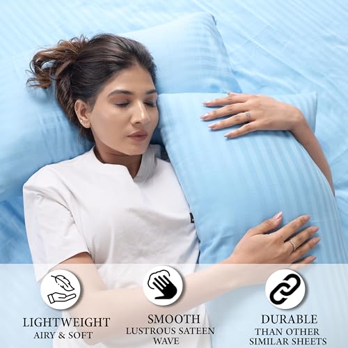 AVI 210TC Soft Luxury Satin Stripe Cotton Pillow Covers Set of 2, Envelope Closure Pillow Cases, Breathable Hotel Quality Pillowcover (16x24 Inches, Sky Blue) - Image 2