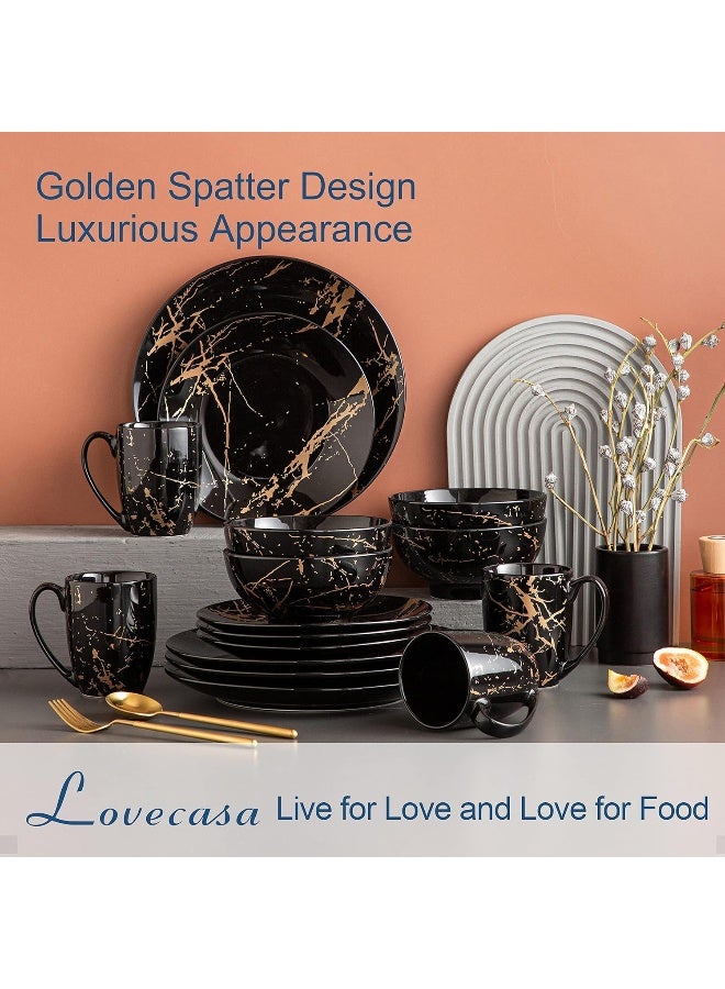 LOVECASA Plates and Bowls Sets for 4 Black Dinnerware Sets 16 Piece Gold Splash Glaze Round Dish Set LOVECASA Porcelain Plate Set with Mugs Dishwasher Microwave Safe - Image 2