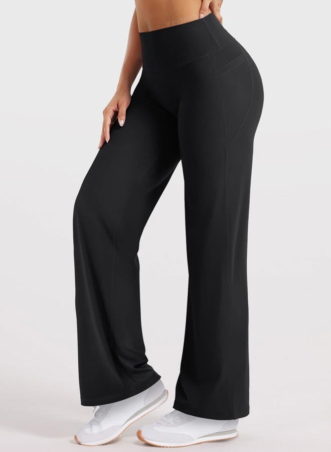 YEOREO Workout Straight Leggings with Pockets for Women No Front Seam High Waist Wide Leg Yoga Pants Buttery Soft -29"/ 31.5", Black, S - Image 2