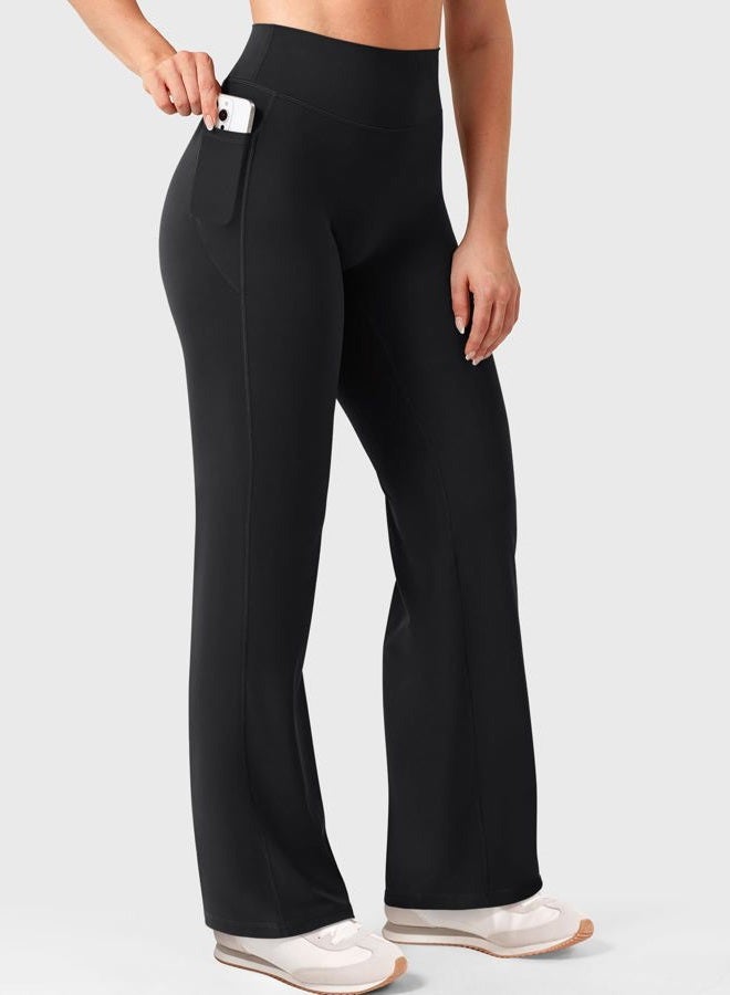 YEOREO Workout Straight Leggings with Pockets for Women No Front Seam High Waist Wide Leg Yoga Pants Buttery Soft -29"/ 31.5", Black, S - Image 5