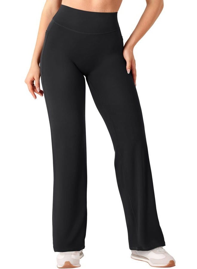 YEOREO Workout Straight Leggings with Pockets for Women No Front Seam High Waist Wide Leg Yoga Pants Buttery Soft -29"/ 31.5", Black, S - Image 1