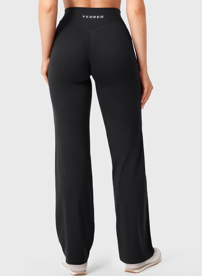 YEOREO Workout Straight Leggings with Pockets for Women No Front Seam High Waist Wide Leg Yoga Pants Buttery Soft -29"/ 31.5", Black, S - Image 4