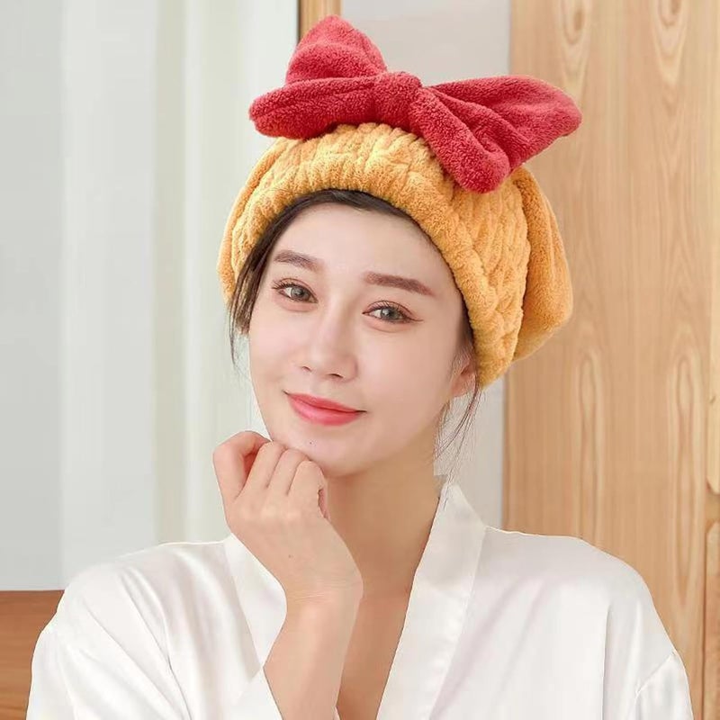 Fezora Super Absorbent Hair Towel Wrap for Wet Hair, Fast Drying Microfiber Hair Drying Towel Cap with Bow-Knot, Microfiber Hair Towel Wrap for Women (Yellow) - Image 3