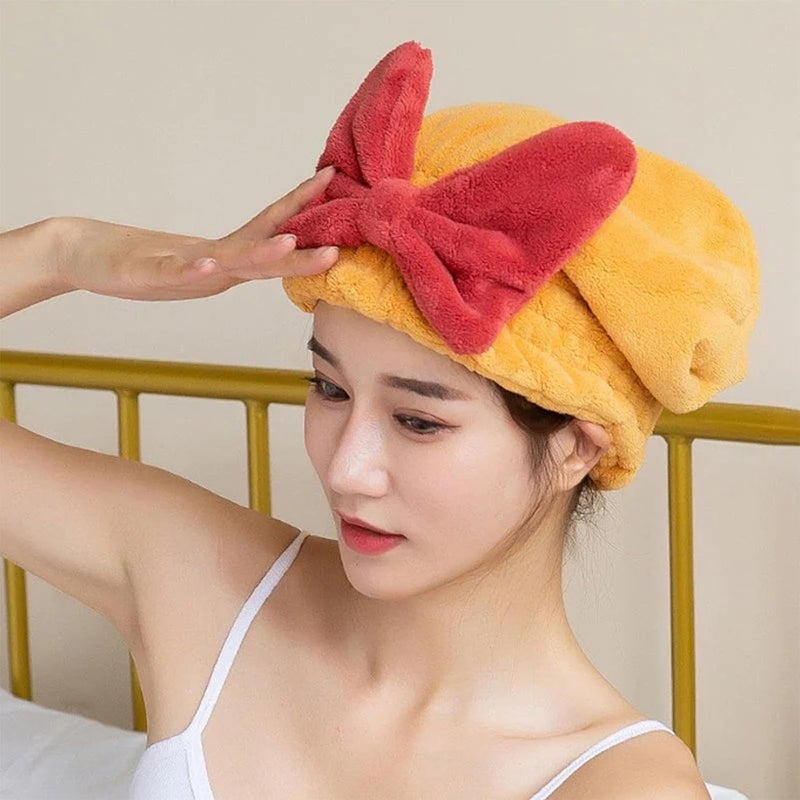 Fezora Super Absorbent Hair Towel Wrap for Wet Hair, Fast Drying Microfiber Hair Drying Towel Cap with Bow-Knot, Microfiber Hair Towel Wrap for Women (Yellow) - Image 2