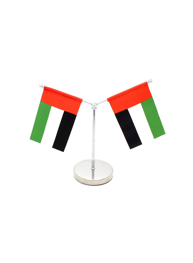ماركة غير محددة حامل علم طاولة معدني لدولة الإمارات العربية المتحدة - حامل عمود أعلام صغير مزدوج على شكل حرف Y - حامل سارية علم متين للمكتب أو المنزل أو المكتب أو المناسبات لتزيين طاولة المؤتمرات - حامل علم معدني للمدارس  - Image 1