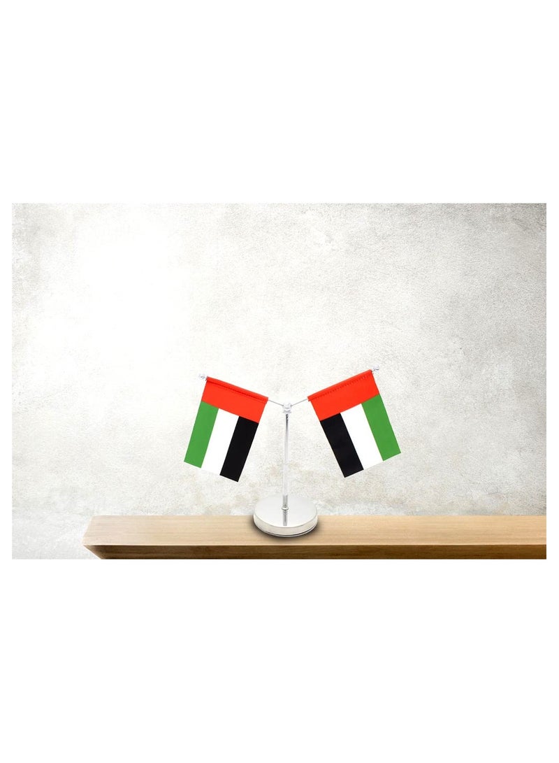 ماركة غير محددة حامل علم طاولة معدني لدولة الإمارات العربية المتحدة - حامل عمود أعلام صغير مزدوج على شكل حرف Y - حامل سارية علم متين للمكتب أو المنزل أو المكتب أو المناسبات لتزيين طاولة المؤتمرات - حامل علم معدني للمدارس  - Image 5