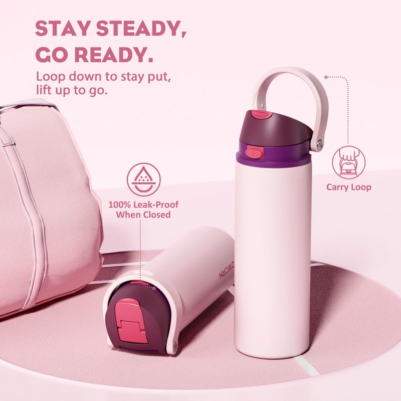 Powcan 24 Oz Stainless Steel Water Bottle: 2-In-1 Push-Button Spout & Quick-Flip Straw  Leakproof  Cold 24 Hrs  Fits Car Cup Holder  Insulated Bottle For Gym  School  Travel  Outdoor Gift (Plum Field) - Image 4