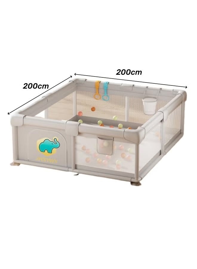 Berma Baby حظيرة لعب للأطفال، حظيرة لعب 200*200 سم، حظيرة لعب للأطفال، حظيرة لعب صغيرة للأطفال، حظيرة لعب كبيرة للأطفال الصغار، حظيرة لعب محمولة، ملعب مع بوابة، 50 كرة + 2 حلقة سحب (رمادي فاتح) - Image 2