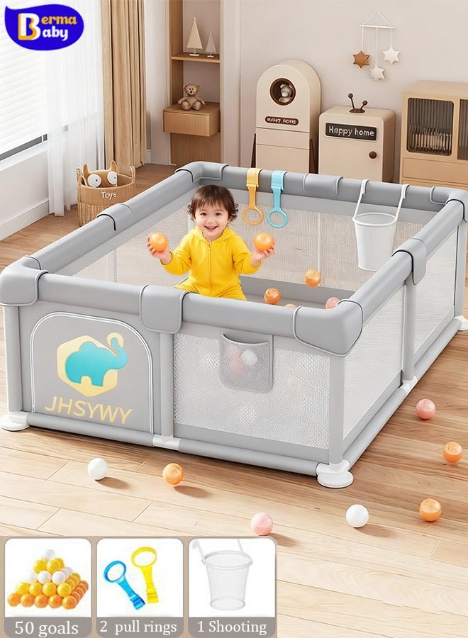 Berma Baby حظيرة لعب للأطفال، حظيرة لعب 200*200 سم، حظيرة لعب للأطفال، حظيرة لعب صغيرة للأطفال، حظيرة لعب كبيرة للأطفال الصغار، حظيرة لعب محمولة، ملعب مع بوابة، 50 كرة + 2 حلقة سحب (رمادي فاتح) - Image 1