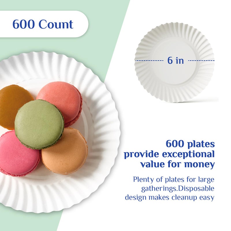 MUCHII 600 Count 6 Inch Paper Plates, White Uncoated Disposable Dessert Plates for Snacks, Cake, Candy - Image 3