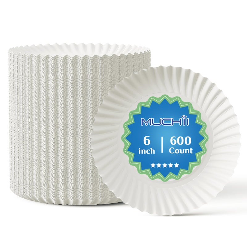 MUCHII 600 Count 6 Inch Paper Plates, White Uncoated Disposable Dessert Plates for Snacks, Cake, Candy - Image 1