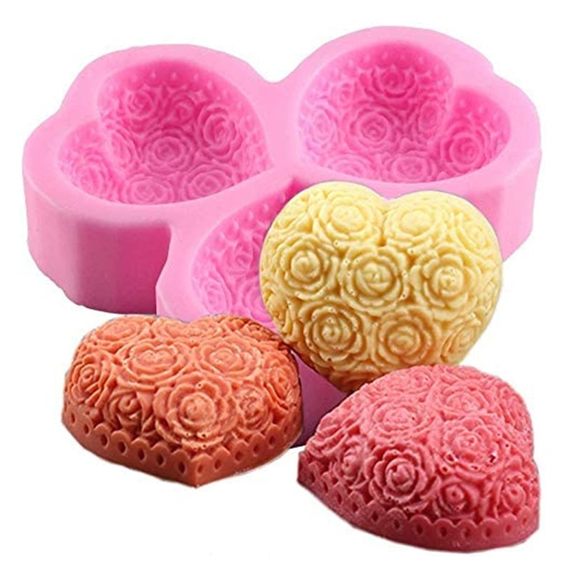 3Cavity Heart Rose Flower Silicone Soap Mold Fondant Mold for Cake Decoration ChocolateCandle Bath Bomb Lotion Bar