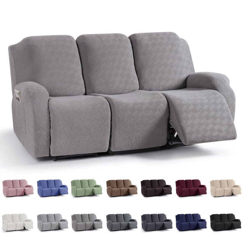 KinCam Recliner Covers Stretch Reclining Chair Covers Recliner Sofa Slipcovers Stripe Jacquard Recliner Couch Covers Furniture Protector Covers for Pet Kid 3 Seater Light Gray