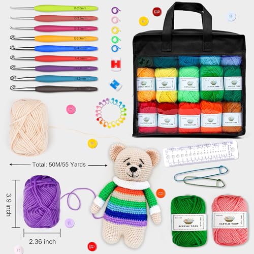 Inscraft 103 PCS Crochet Kit with Crochet Hooks Yarn Set, Premium Bundle Includes 1650 Yards Acrylic Yarn Skeins Balls, Needles, Accessories, Bag, Ideal Starter Pack for Kids Adults Beginner Professionals - Image 3