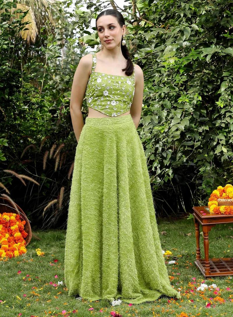 QISSA Women's Embroidered-Flora Textured Co-Ord Set For Ethnic Wear | Square Neck, Sleeveless | Floral Embroidery Woven Fabric | 2 Piece Co-Ords Designed For Evening & Party Wear | Grass Green