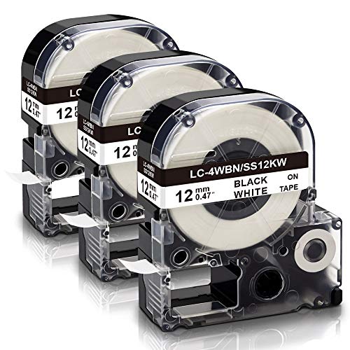Absonic Compatible Label Tape Replacement for Epson LK-4WBN LC-4WBN SS12KW LC 4WBN9 LK 12mm Tape Refill 1/2'' for LabelWorks LW-300 LW-400 LW-500 LW-600P LW-K200PX Label Maker, Black on White, 3-Pack - Image 1