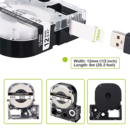 Absonic Compatible Label Tape Replacement for Epson LK-4WBN LC-4WBN SS12KW LC 4WBN9 LK 12mm Tape Refill 1/2'' for LabelWorks LW-300 LW-400 LW-500 LW-600P LW-K200PX Label Maker, Black on White, 3-Pack - Image 2