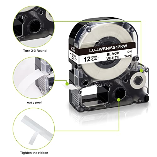 Absonic Compatible Label Tape Replacement for Epson LK-4WBN LC-4WBN SS12KW LC 4WBN9 LK 12mm Tape Refill 1/2'' for LabelWorks LW-300 LW-400 LW-500 LW-600P LW-K200PX Label Maker, Black on White, 3-Pack - Image 3