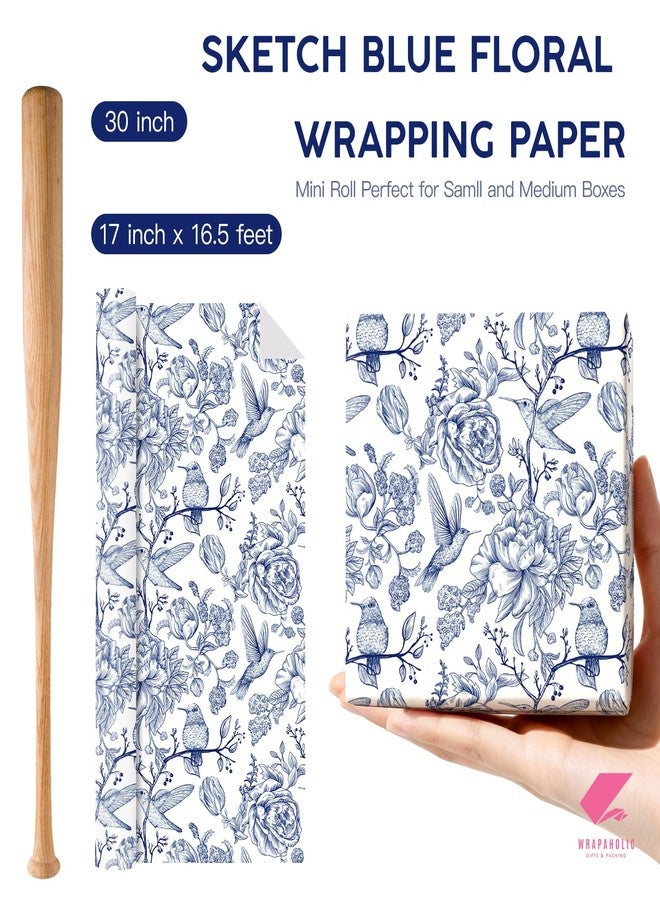 WRAPAHOLIC Blue Floral Wrapping Paper Roll - Mini Roll - 17 Inch x 16.5 Feet - Blue and White Bird Wrapping Paper for Wedding, Bridal Shower, Birthday, Baby Shower - Image 3