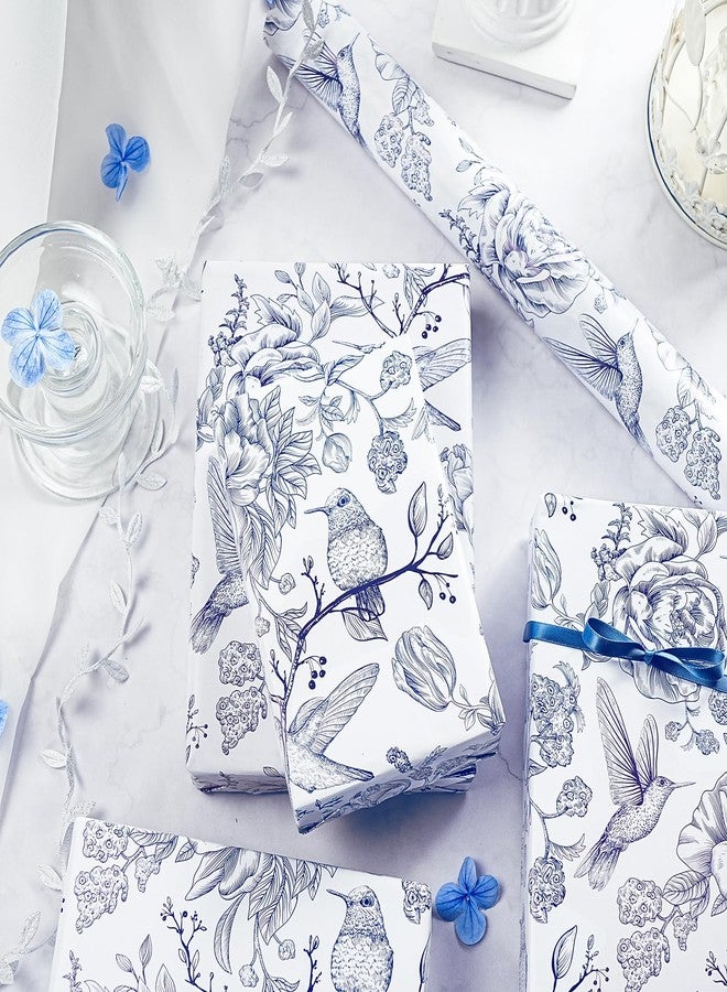 WRAPAHOLIC Blue Floral Wrapping Paper Roll - Mini Roll - 17 Inch x 16.5 Feet - Blue and White Bird Wrapping Paper for Wedding, Bridal Shower, Birthday, Baby Shower - Image 5