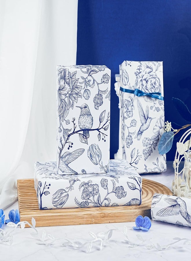 WRAPAHOLIC Blue Floral Wrapping Paper Roll - Mini Roll - 17 Inch x 16.5 Feet - Blue and White Bird Wrapping Paper for Wedding, Bridal Shower, Birthday, Baby Shower - Image 4