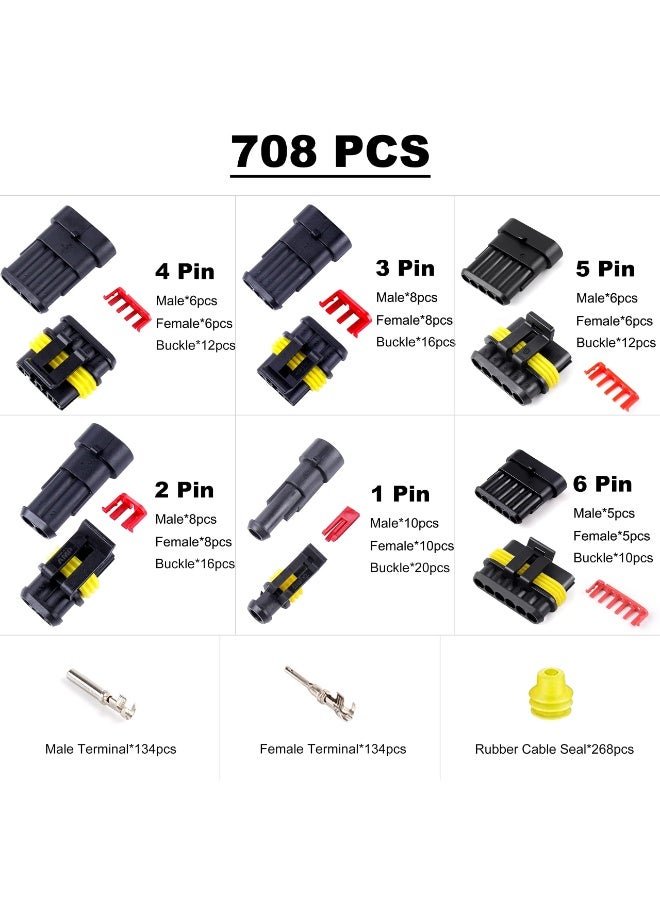Generic 708PCS Automotive Waterproof Car Electrical Wire Connectors Plug Kit, 1/2/3/4/5/6 Male and Female Pin Connectors for Motorcycle, Truck, Car, Boats, Scooter  - Image 2