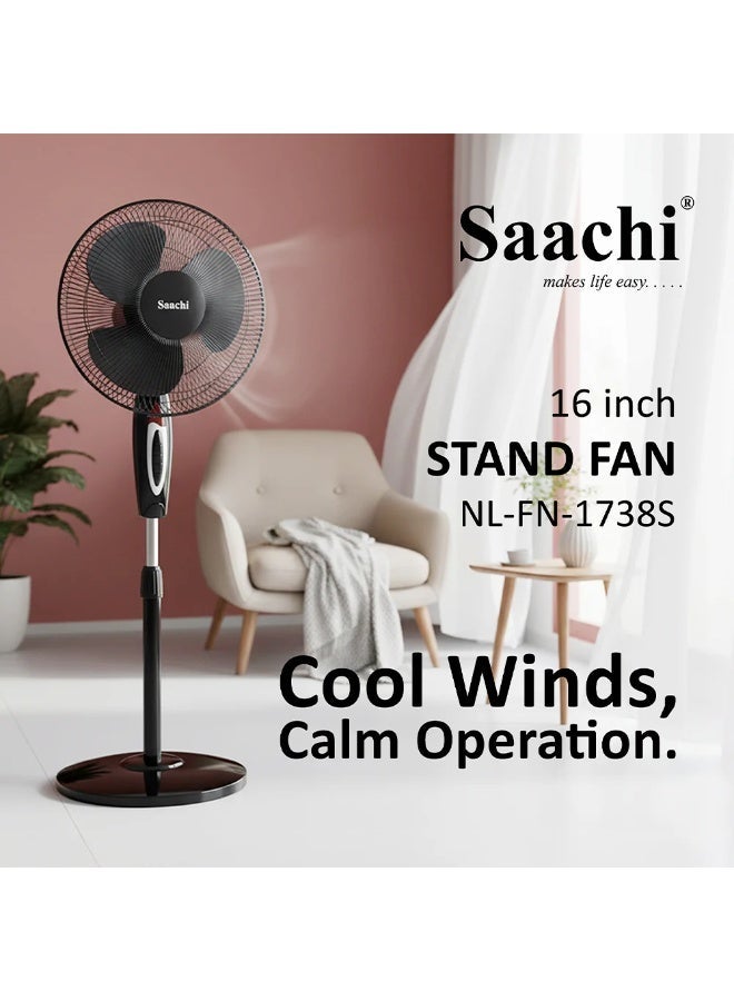 Saachi 16-Inch Stand Fan NL-FN-1738S-BK, Powerful Motor, 3-Speed Control, Adjustable Height & Wide Oscillation, Energy Efficient Quiet Cooling Fan, 55W, Black 55 W NL-FN-1738S-BK black - Image 2