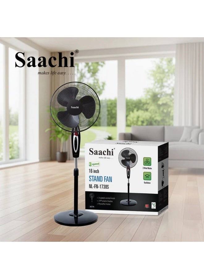 Saachi 16-Inch Stand Fan NL-FN-1738S-BK, Powerful Motor, 3-Speed Control, Adjustable Height & Wide Oscillation, Energy Efficient Quiet Cooling Fan, 55W, Black 55 W NL-FN-1738S-BK black - Image 5