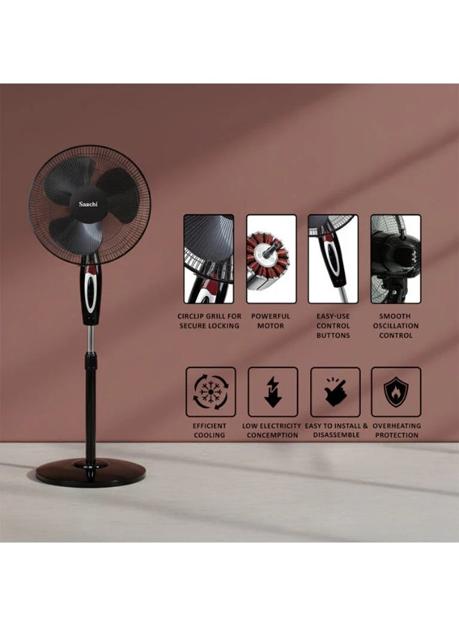 Saachi 16-Inch Stand Fan NL-FN-1738S-BK, Powerful Motor, 3-Speed Control, Adjustable Height & Wide Oscillation, Energy Efficient Quiet Cooling Fan, 55W, Black 55 W NL-FN-1738S-BK black - Image 4