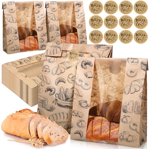 MotiMind 100 Packs Paper Bread Bags for Homemade Bread Sourdough 14 x 83 x 35 Inches Kraft Paper Bakery Bag with Window Label Seal Sticker for Baked Food Packaging StorageBrown - Image 1