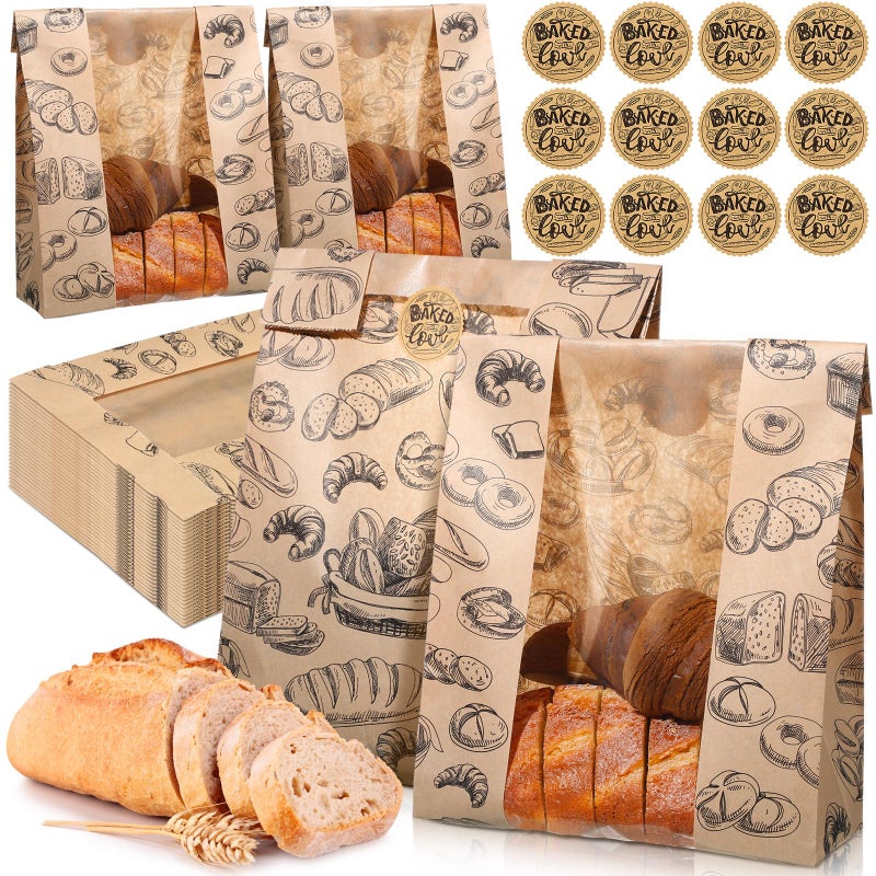 MotiMind 100 Packs Paper Bread Bags for Homemade Bread Sourdough 14 x 83 x 35 Inches Kraft Paper Bakery Bag with Window Label Seal Sticker for Baked Food Packaging StorageBrown - Image 2