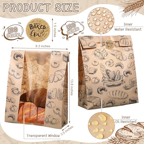 MotiMind 100 Packs Paper Bread Bags for Homemade Bread Sourdough 14 x 83 x 35 Inches Kraft Paper Bakery Bag with Window Label Seal Sticker for Baked Food Packaging StorageBrown - Image 3