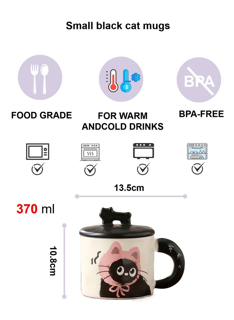 Ceramic Mug With Lid, Cute Little Black Cat, For Coffee Tea Cold Drinks, Microwave & Dishwasher Safe, 370Ml - Image 3
